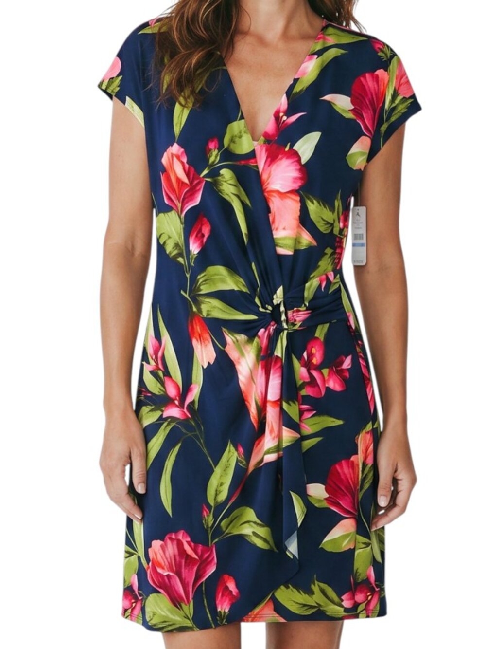 TOMMY BAHAMA Navy Clara Lavish Blooms Short Cap Sleeves Stretch Dress - Size XL
